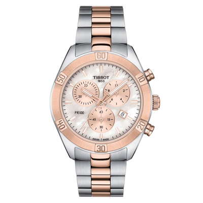 PR 100 Chronograph Rose Mother Pearl by Tissot - Available at SHOPKURY.COM. Free Shipping on orders over $200. Trusted jewelers since 1965, from San Juan, Puerto Rico.