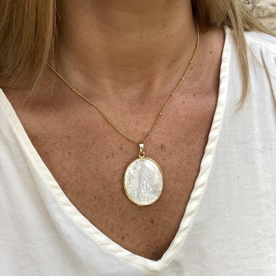 Virgen Guadalupe Mother Pearl XL Pendant by Kury - Available at SHOPKURY.COM. Free Shipping on orders over $200. Trusted jewelers since 1965, from San Juan, Puerto Rico.