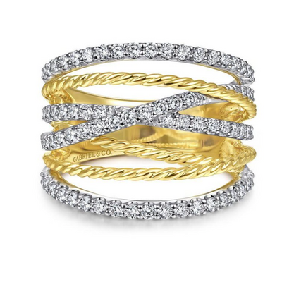 Two Tone Twisted Rope Diamond Multi Row Ring by Gabriel & Co. - Available at SHOPKURY.COM. Free Shipping on orders over $200. Trusted jewelers since 1965, from San Juan, Puerto Rico.