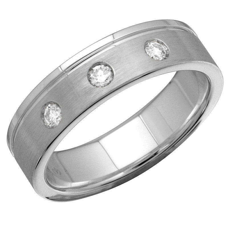 Three Diamond gold brushed White Gold Band by Kury Bridal - Available at SHOPKURY.COM. Free Shipping on orders over $200. Trusted jewelers since 1965, from San Juan, Puerto Rico.