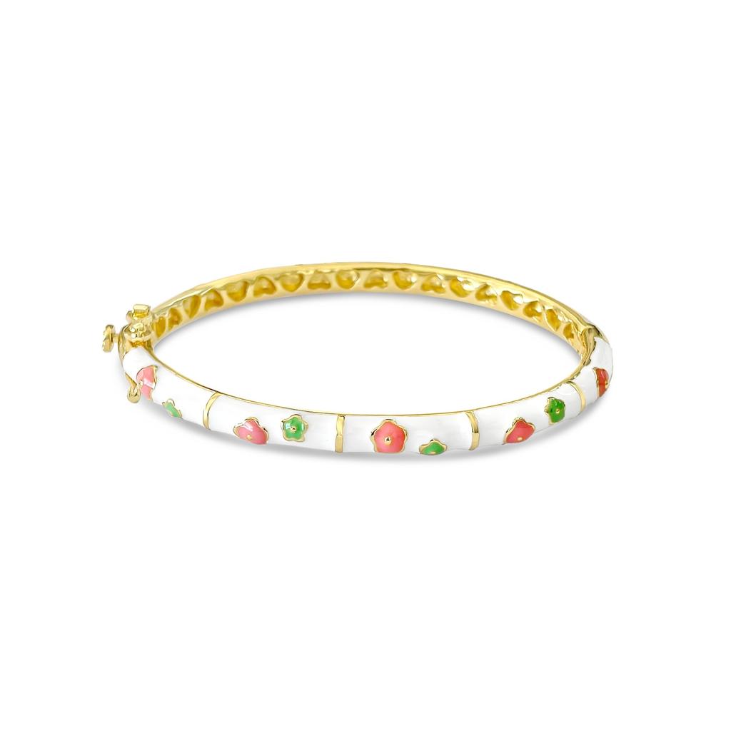 White, Green, Peach Flowers Kids Bangle Bracelet by Kury - Available at SHOPKURY.COM. Free Shipping on orders over $200. Trusted jewelers since 1965, from San Juan, Puerto Rico.