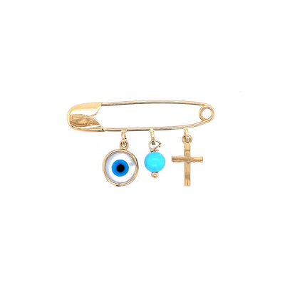 Evil Eye Cross and Colored Stone Baby Pin by Kury - Available at SHOPKURY.COM. Free Shipping on orders over $200. Trusted jewelers since 1965, from San Juan, Puerto Rico.