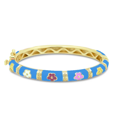 Blue Colorful Flowers Kids Bangle Bracelet by Kury - Available at SHOPKURY.COM. Free Shipping on orders over $200. Trusted jewelers since 1965, from San Juan, Puerto Rico.