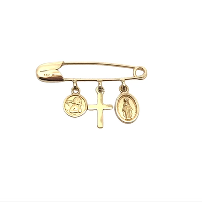 Three Medal 14K Baby Pin by Kury - Available at SHOPKURY.COM. Free Shipping on orders over $200. Trusted jewelers since 1965, from San Juan, Puerto Rico.